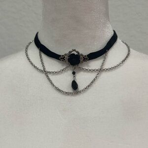 Black Victorian Inspired  Rose Choker Necklace with Silver Chains